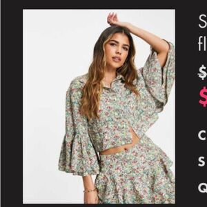 Green Multicolor Floral Ruffle Skirt And Bell Sleeve Button Up Top Set